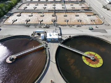Water treatment systems in Pakistan: clarifiers at a treatment plant (stock photo)